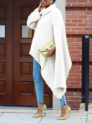 Knit Slit Asymmetrical Turtleneck Sweaters