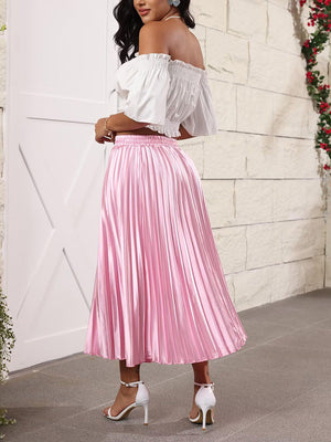 Elastic Waist Pleated Midi Skirt