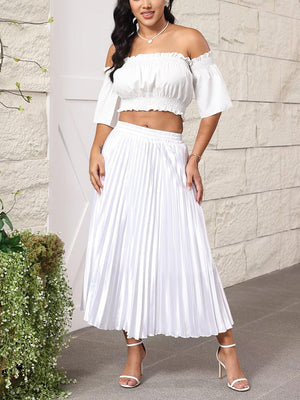 Elastic Waist Pleated Midi Skirt