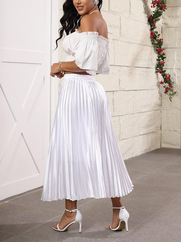 Elastic Waist Pleated Midi Skirt