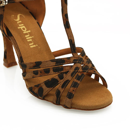 YM & Dancer S1682 Suphini【Faddy】Yellow Leopard Fabric 8.5cm Flare Heel Dance Shoes