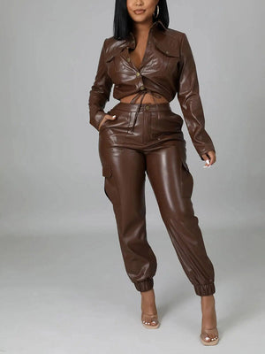 Leather Crop Jacket And Pants Set