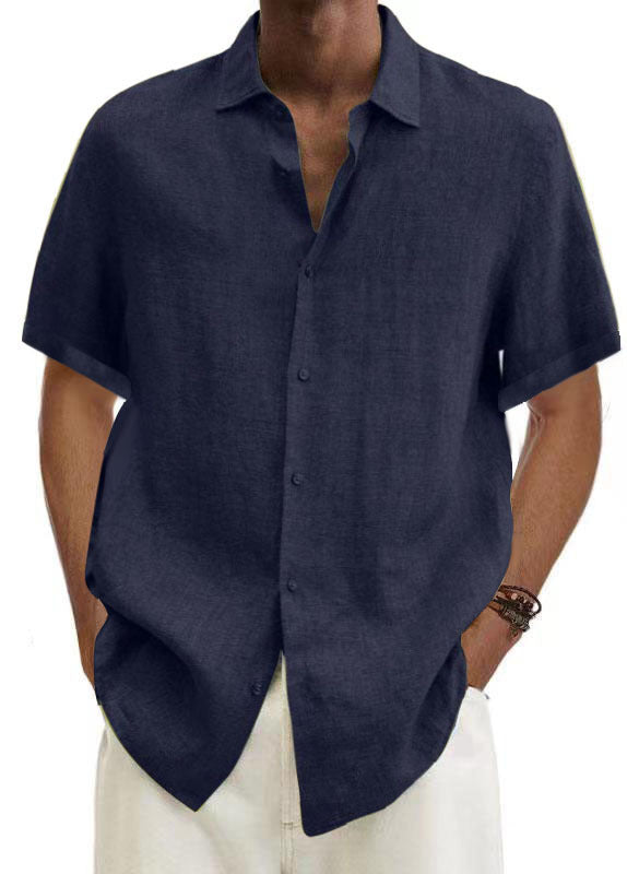 Men's solid cotton short sleeve loose lapel shirt