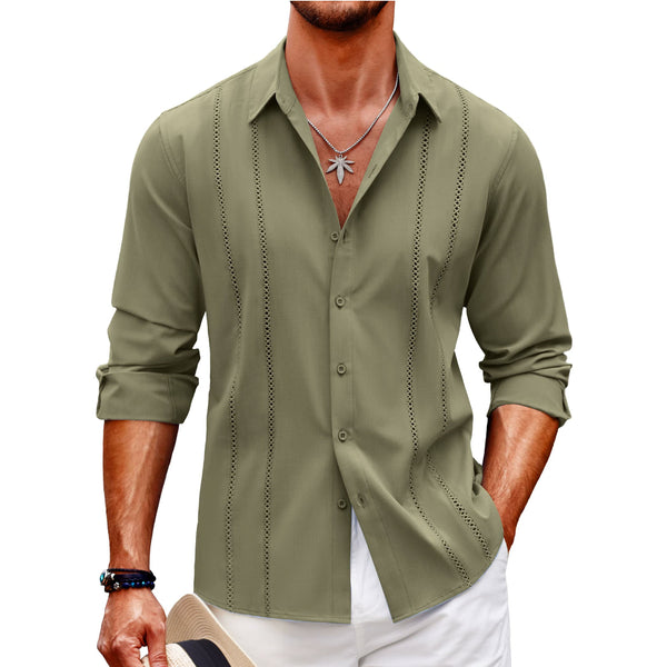 Men's Comfortable Breathable Cuban Casual Button Up Long Sleeve Beach Linen Shirt