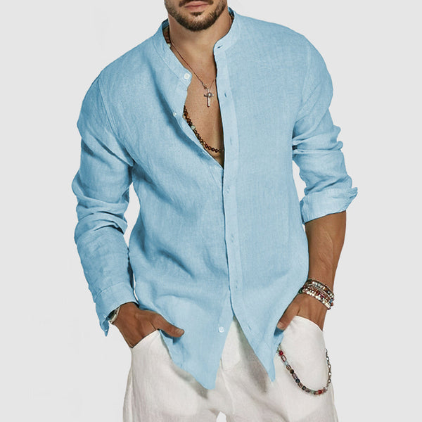 Men's Beach Cotton Linen Standing Collar Shirt