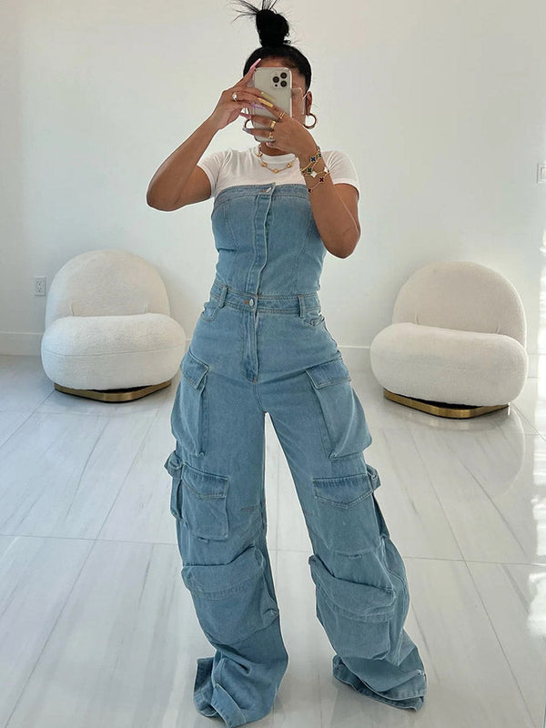 Denim Strapless Cargo Jumpsuit