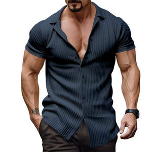 Men's Fashion Casual Vertical Stripe Short Sleeve Lapel Top