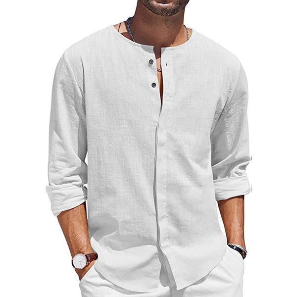 Men's Round Neck Premium Linen Breathable Comfortable Inner Button Long Sleeve Shirt