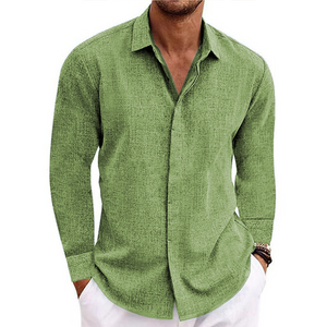 Men's button v-collar casual cotton linen long-sleeved shirt