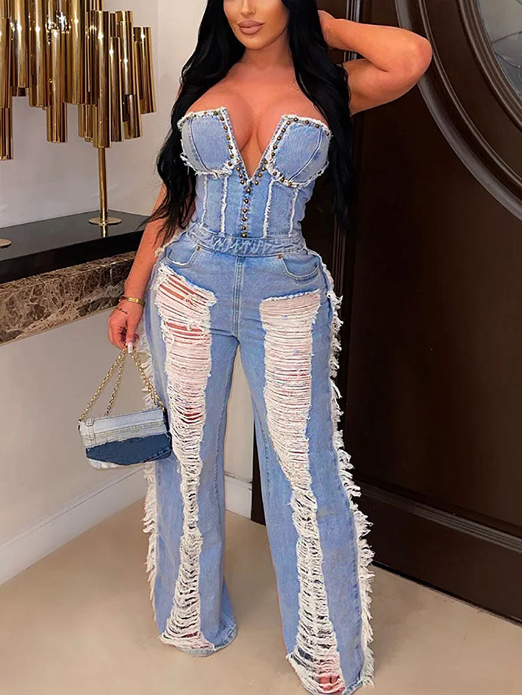 Ripped Strapless Denim Jumpsuit