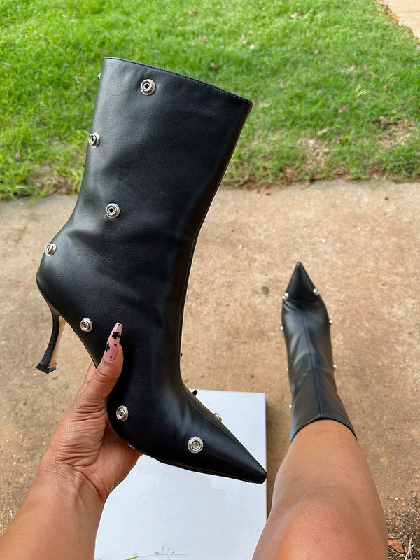 Leather Press Stud Ankle Boots