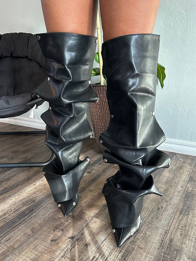 Leather Press Stud Knee-High Boots