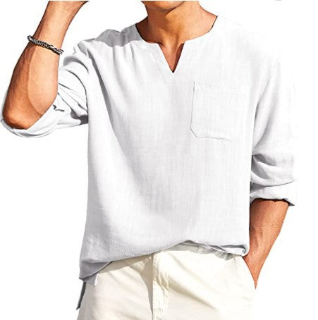 Men's solid color casual button V-neck T-shirt