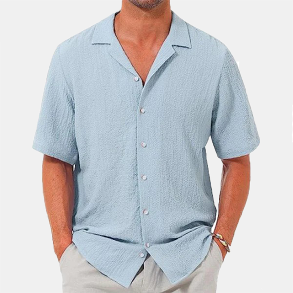 Men's lapel casual solid color short sleeve button linen shirt