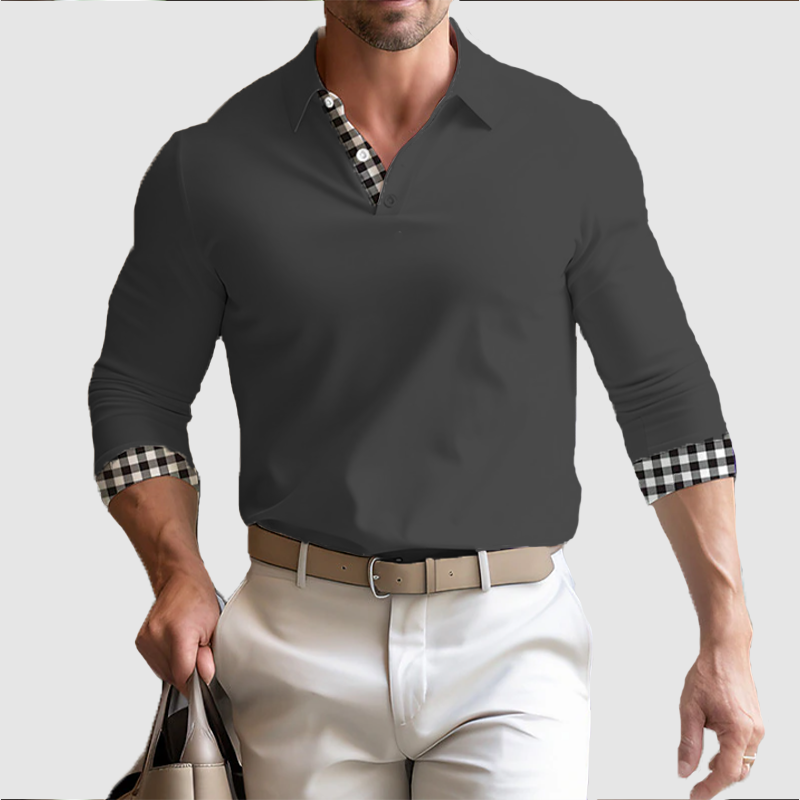 Men's fall long sleeve men's lapel loose plaid POLO top