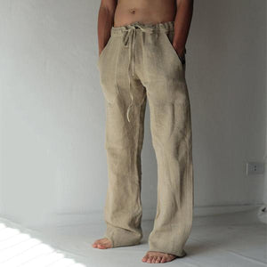 Loose Fit Leisure Trousers Drawstring Elastic Waist Solid Color Linen Straight Pants Long Pants Homewear