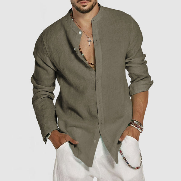 Men's Beach Cotton Linen Standing Collar Shirt