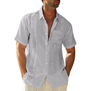 Men's summer lapel solid color cotton and linen cardigan casual short-sleeved shirt