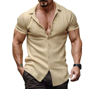 Men's Fashion Casual Vertical Stripe Short Sleeve Lapel Top