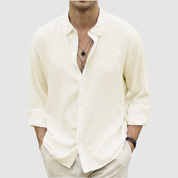 Men's summer casual button-up shirt long sleeve solid color holiday shirt