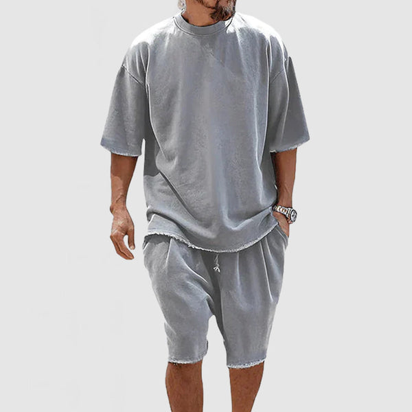 Men's Basic Casual Cotton Round Neck Shorts Two Piece Set