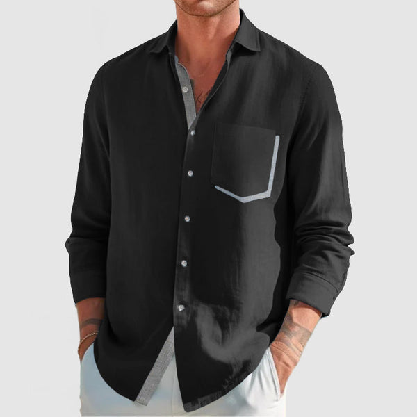 Men's Classic Color Block Patchwork Cotton Linen Shirt