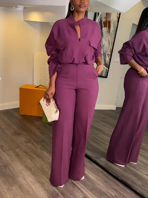 V Neck Blouse Wide Leg Pants Set