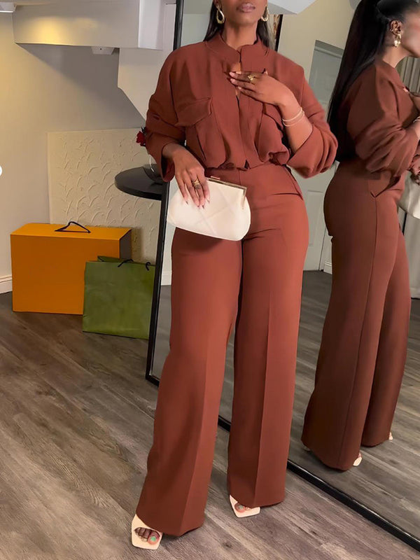 V Neck Blouse Wide Leg Pants Set