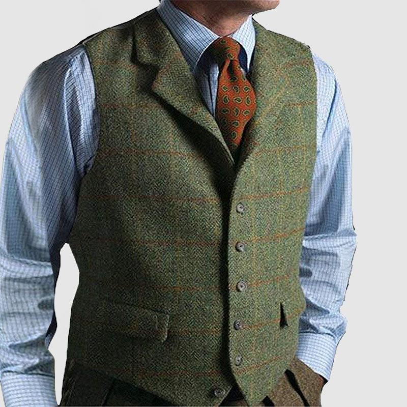 Men's Vintage Plaid Basic Lapel Sleeveless Vest