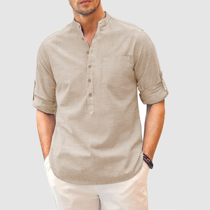 Cotton men's solid color standing collar buttoned pocket simple shirt