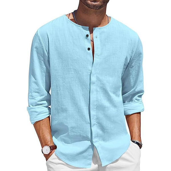 Men's Round Neck Premium Linen Breathable Comfortable Inner Button Long Sleeve Shirt