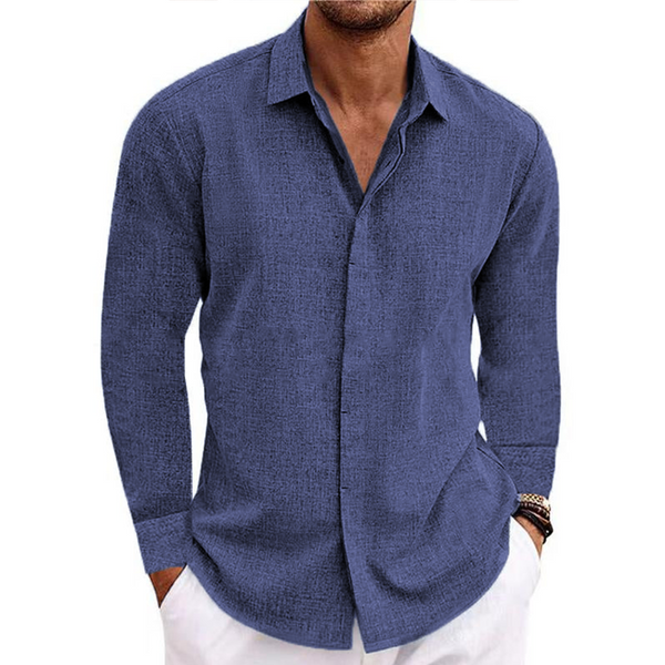 Men's button v-collar casual cotton linen long-sleeved shirt