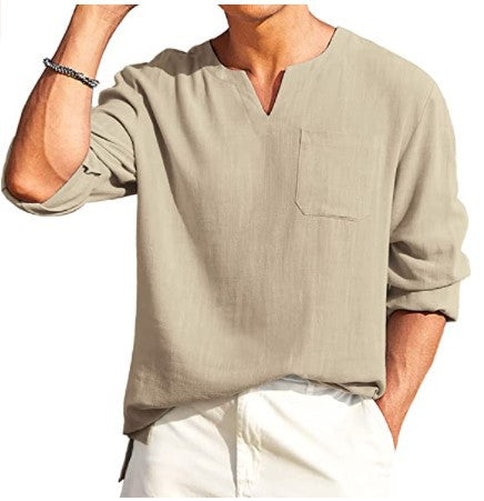 Men's solid color casual button V-neck T-shirt