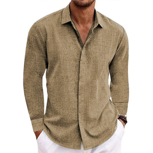 Men's button v-collar casual cotton linen long-sleeved shirt