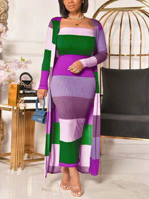 Ribbed Knitted Striped Dress & Coat Set