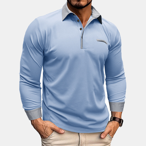 Men's new casual long sleeve lapel Polo shirt Henry shirt men's top