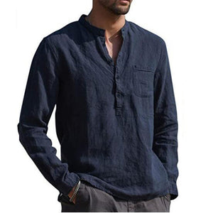 Men's Cotton Linen Summer Solid Color  Stand-Up Collar Long-Sleeved Shirts