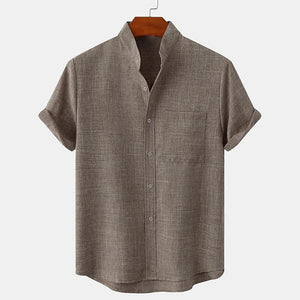 Men's solid colored linen short sleeved lapel shirt