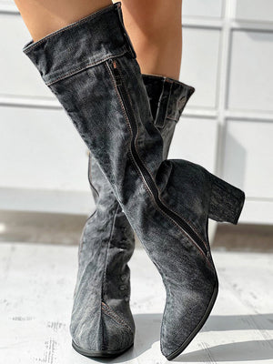 Chunky Heel Denim Boots