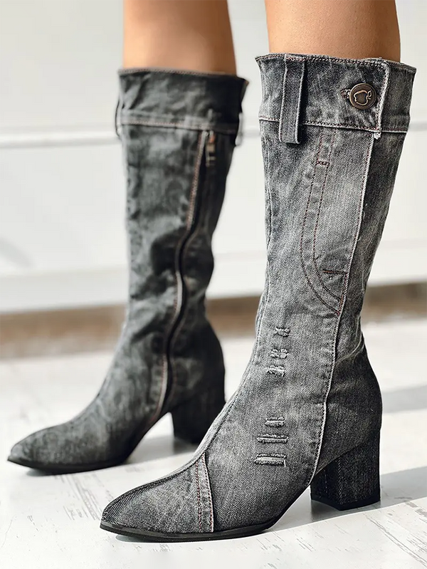 Chunky Heel Denim Boots