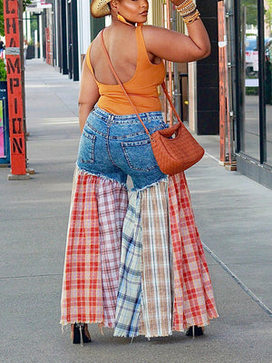 Patchwork Plaid Denim Pants