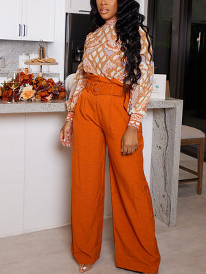 Solid Belt Wide Leg Pants