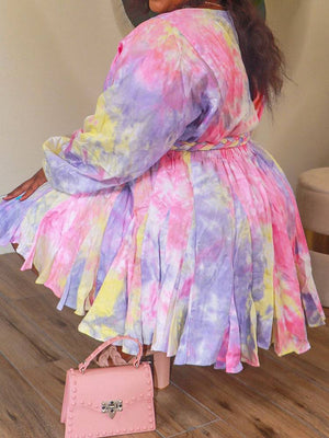 Tie Dye With Belt V Neck Dress