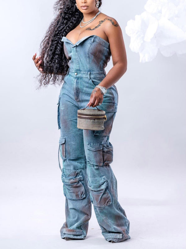 Denim Strapless Cargo Jumpsuit