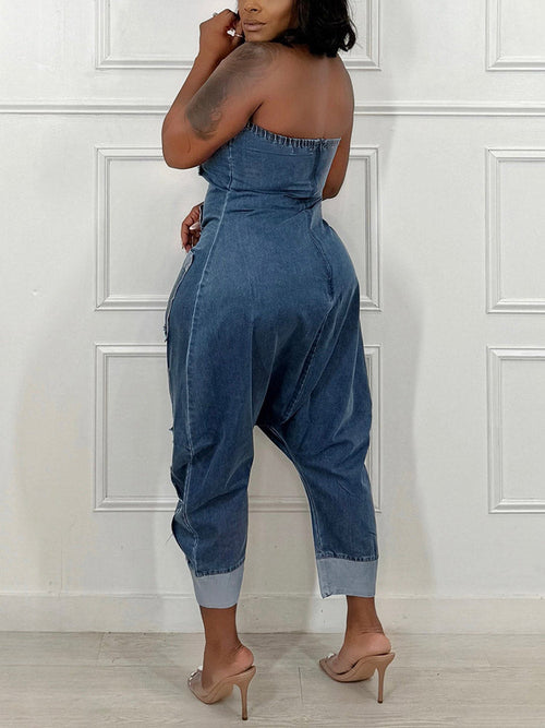 Strapless Cargo Denim Loose Jumpsuit