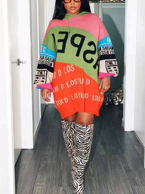 Colorblock Knit Hoodie Sweater Dress