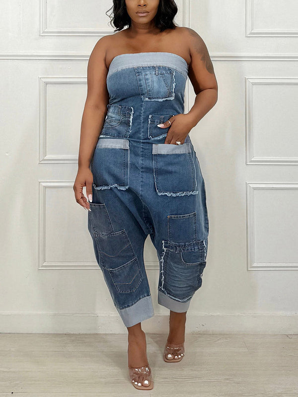 Strapless Cargo Denim Loose Jumpsuit