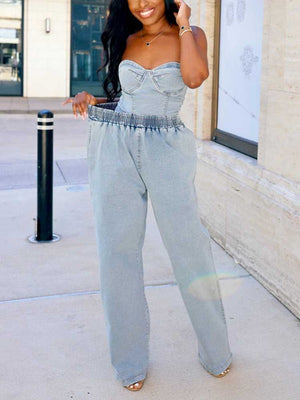 Denim Tube Top Wide Leg Pants Set