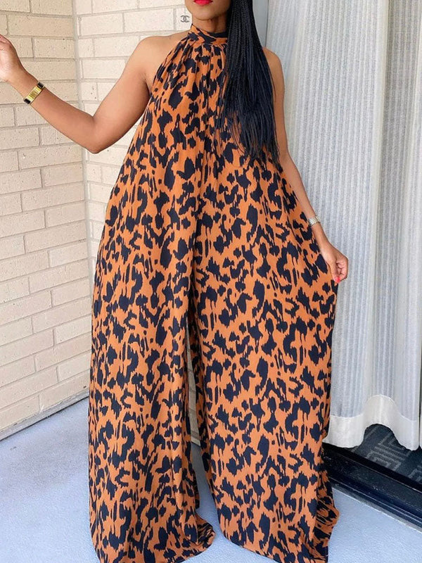 Leopard Halter Backless Jumpsuit