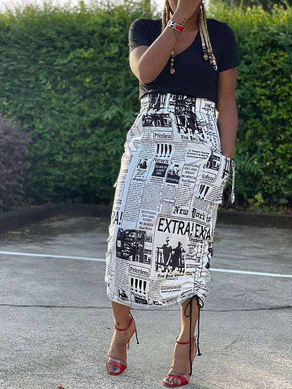 Newspaper Letter Print Drawstring Skirt